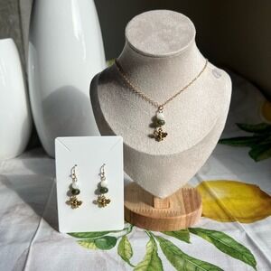 Bee Jewelry Set, Mother of Pearl & Forest Army Olive Moss Green Jade, Fun